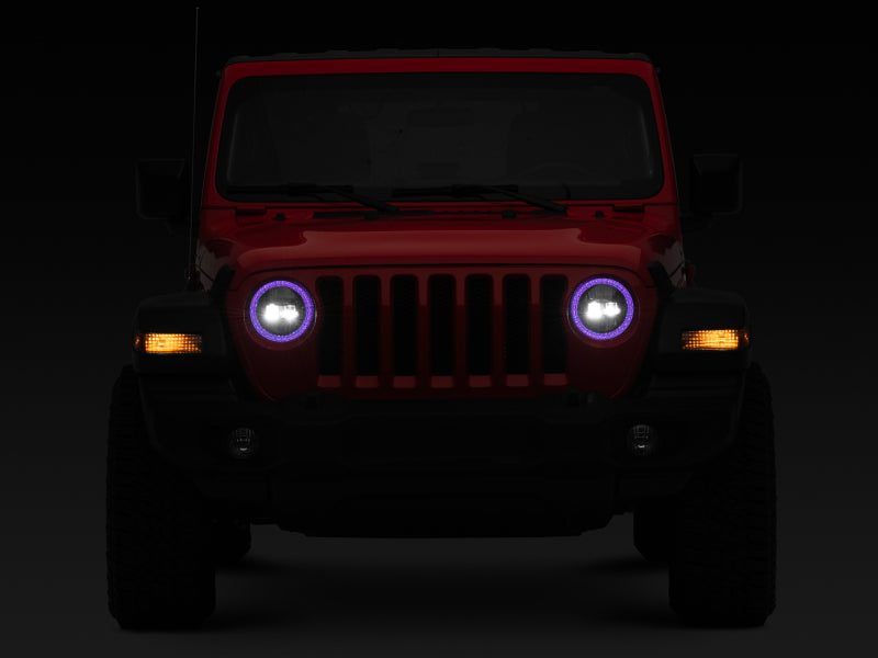 Raxiom 18-22 Jeep Wrangler JL/JT Axial 9-Inch LED Headlights w/RGB Halo- Blk Housing (Clear Lens)