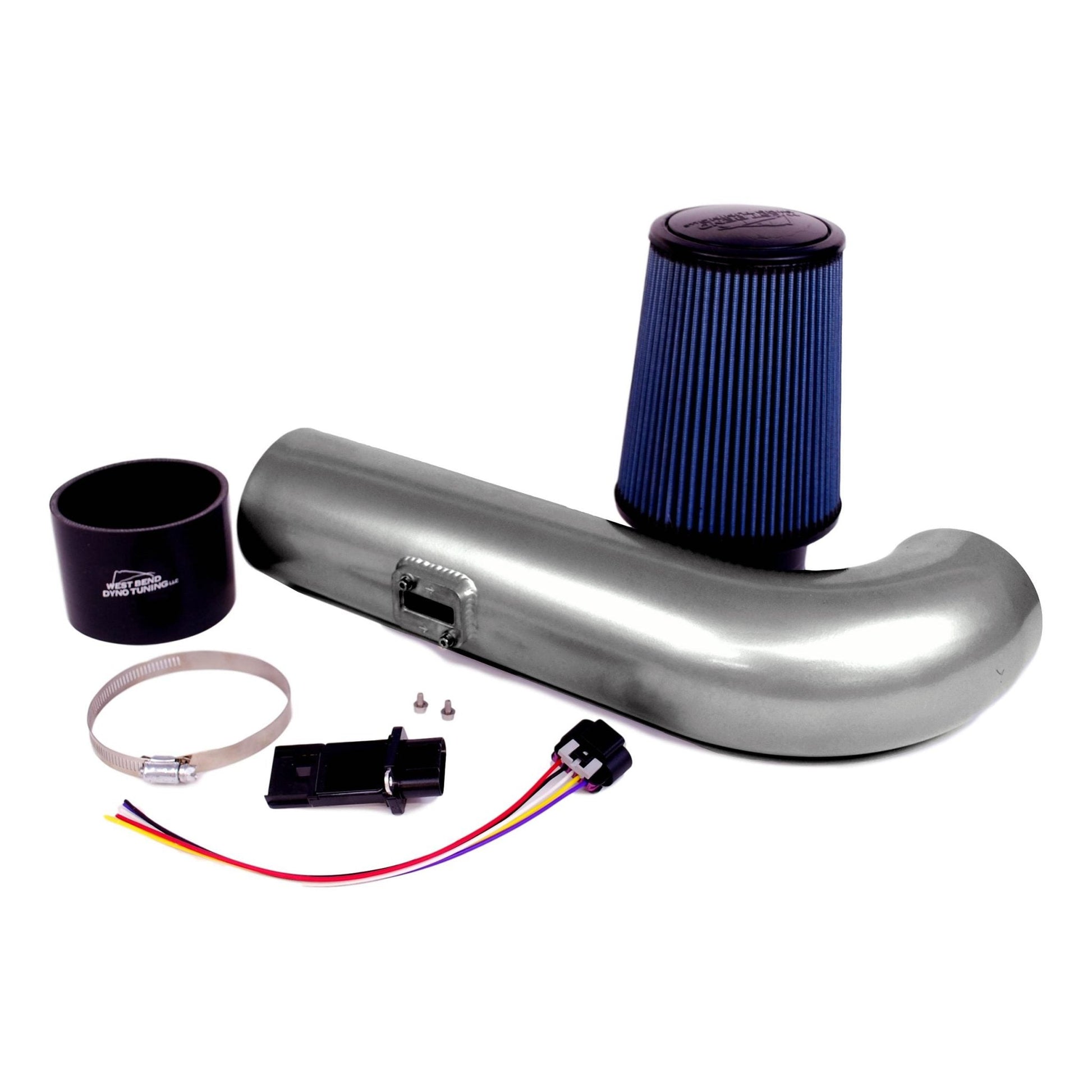 West Bend Dyno Ls Swap Universal Cold Air Intake Kit installed on an LS crate engine with reinforced coupler and high-flow filter.