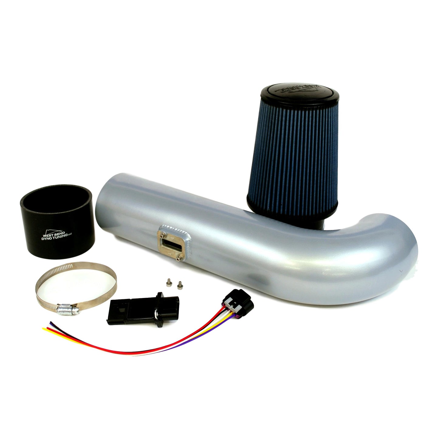 West Bend Dyno Ls Swap Universal Cold Air Intake Kit installed on an LS crate engine with reinforced coupler and high-flow filter.