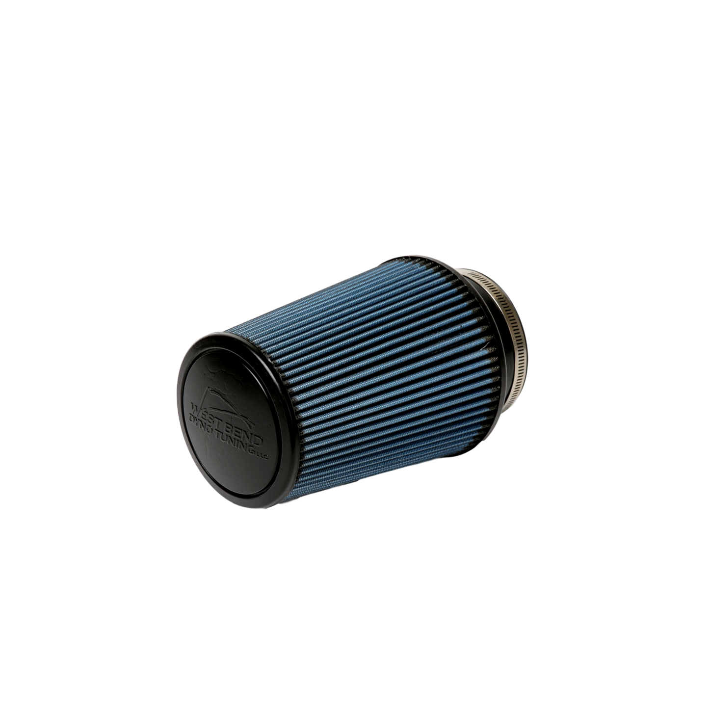 West Bend Dyno Universal 4" Air Filter installed on a conical intake tube, showcasing molded rubber flange and blue cotton gauze media.