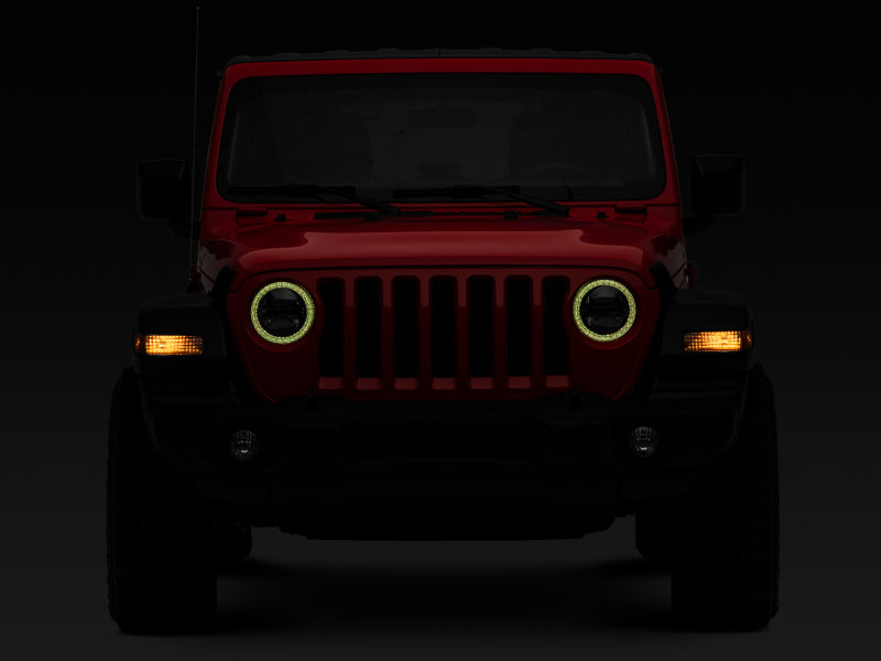 Raxiom 18-22 Jeep Wrangler JL/JT Axial 9-Inch LED Headlights w/RGB Halo- Blk Housing (Clear Lens)