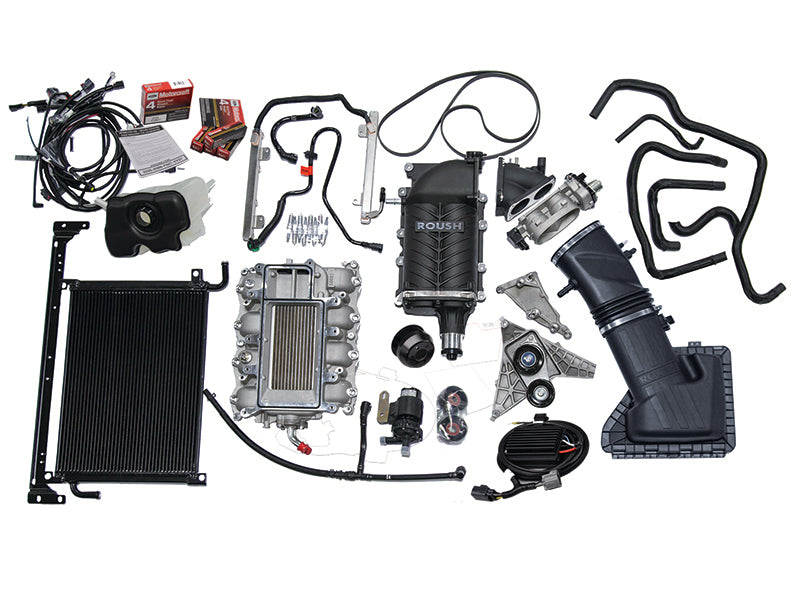 ROUSH 2015-2017 Ford Mustang 5.0L V8 600HP Phase 2 Calibrated Supercharger Kit installed under the hood of a 2016 Mustang GT.