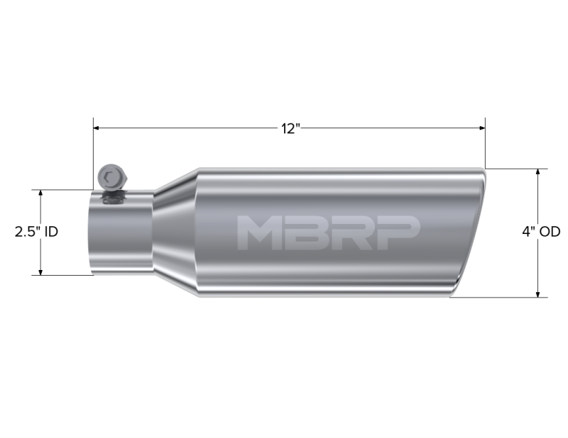 
                      
                        MBRP Universal Tip 4in OD 2.5in Inlet 12in Length Angled Cut Rolled End Clampless No-Weld T304
                      
                    