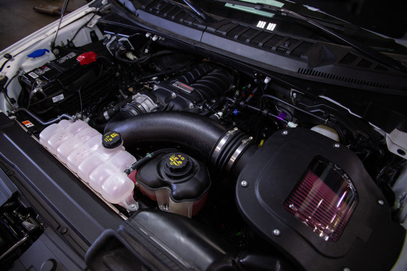 ROUSH 2018-2019 Ford F-150 5.0L V8 650HP Phase 1 Calibrated Supercharger Kit installed under hood of Ford F-150