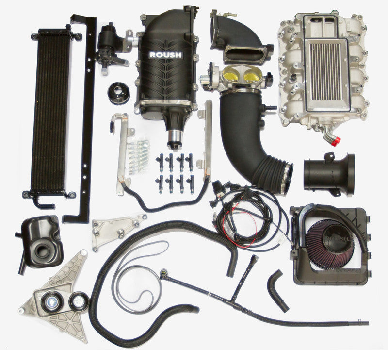 ROUSH 2011-2014 Ford F-150 5.0L V8 570HP Phase 2 Calibrated Supercharger Kit installed under the hood of a Ford F-150.