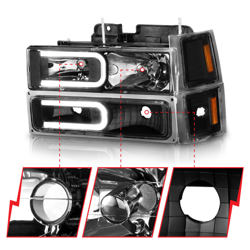 
                      
                        ANZO 88-98 Chevrolet C1500 Crystal Headlights w/ Light Bar Black Housing w/ Signal Side Markers 8Pcs
                      
                    