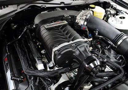 ROUSH 2015-2017 Ford Mustang 5.0L V8 600HP Phase 2 Calibrated Supercharger Kit installed under the hood of a 2016 Mustang GT.
