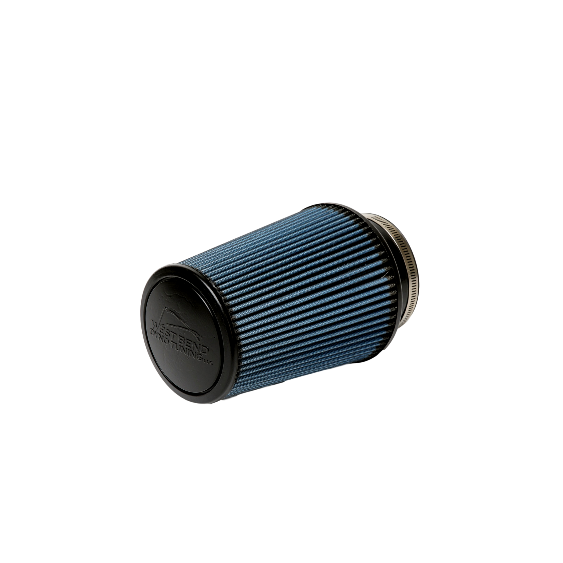 West Bend Dyno Universal 4" Air Filter installed on a conical intake tube, showcasing molded rubber flange and blue cotton gauze media.