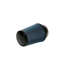 West Bend Dyno Universal 4" Air Filter installed on a conical intake tube, showcasing molded rubber flange and blue cotton gauze media.