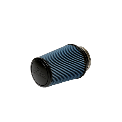 West Bend Dyno Universal 4" Air Filter installed on a conical intake tube, showcasing molded rubber flange and blue cotton gauze media.