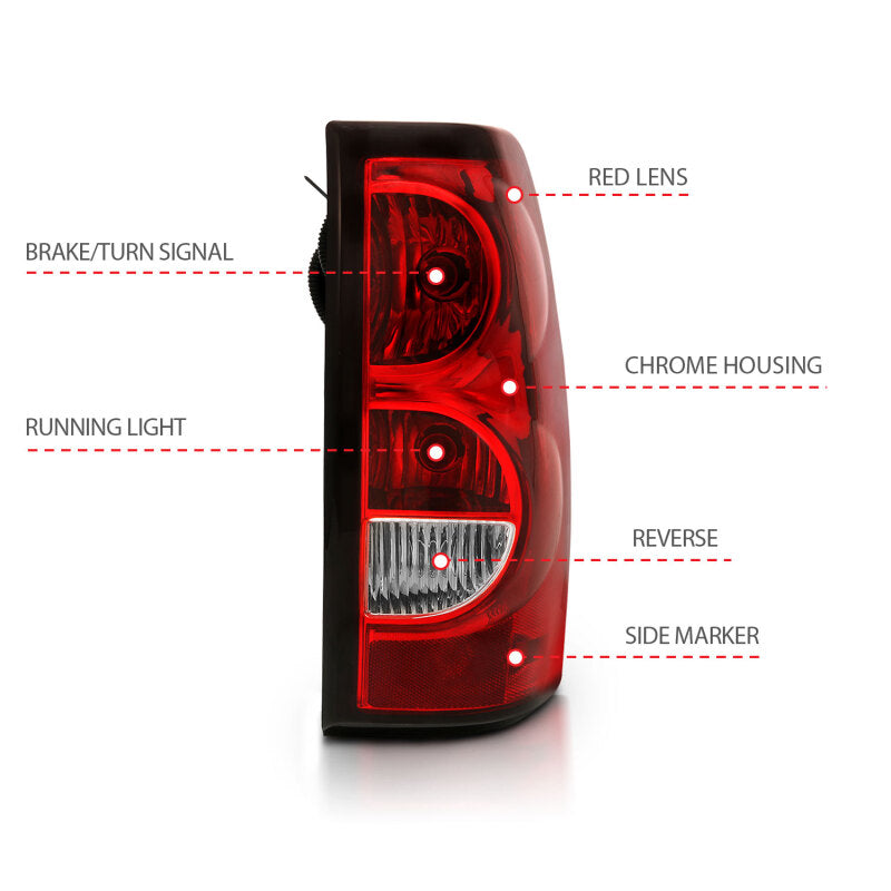 
                      
                        ANZO 2004-2007 Chevy Silverado Taillight Red/Clear Lens w/Black Trim (OE Replacement)
                      
                    