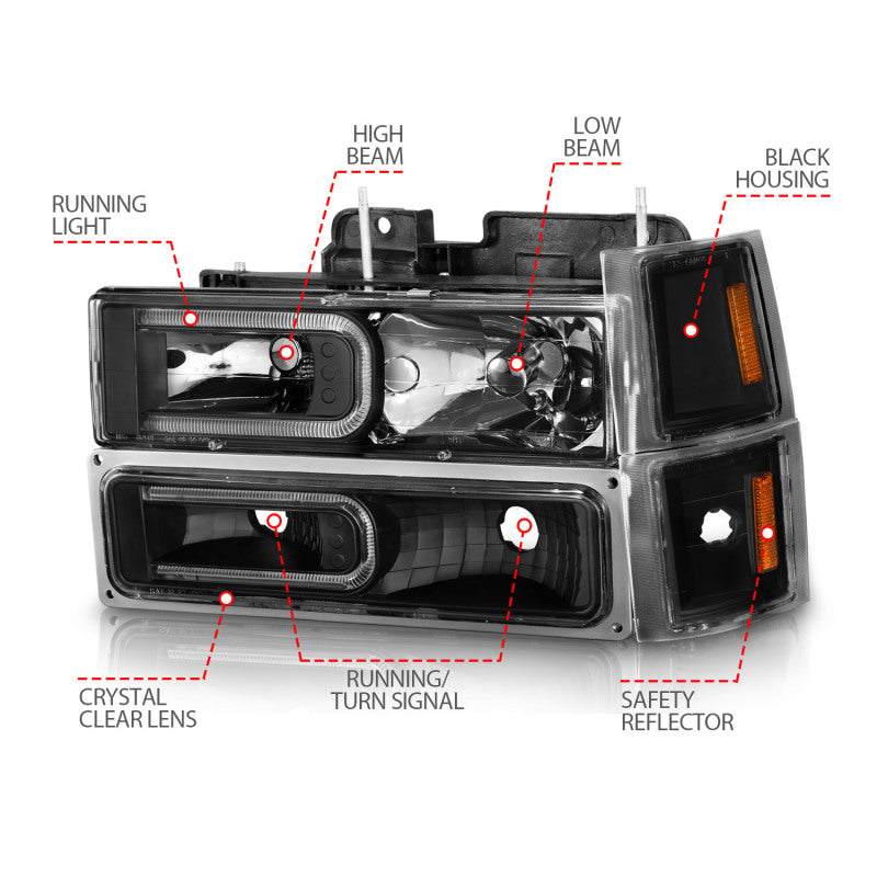 
                      
                        ANZO 88-98 Chevrolet C1500 Crystal Headlights w/ Light Bar Black Housing w/ Signal Side Markers 8Pcs
                      
                    
