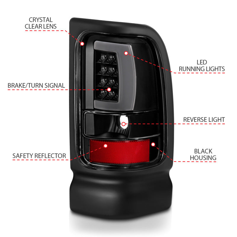 
                      
                        ANZO 1994-2001 Dodge Ram 1500 LED Taillights Plank Style Black w/Clear Lens
                      
                    