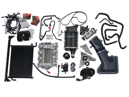 ROUSH 2015-2017 Ford Mustang 5.0L V8 600HP Phase 2 Calibrated Supercharger Kit installed under the hood of a 2016 Mustang GT.
